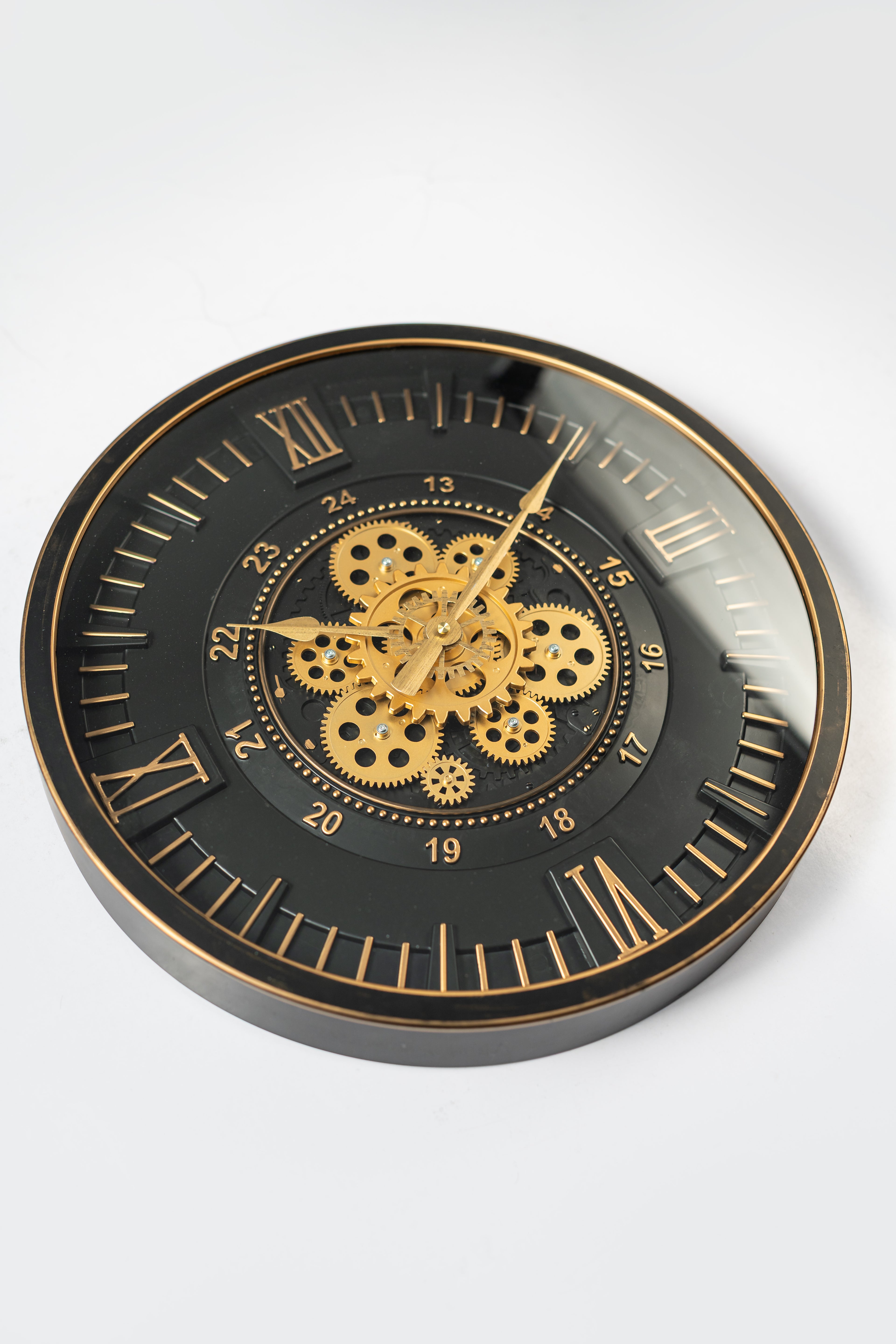 Black & Gold Luxury Gear Wall Clock – Roman Numeral Metal Decor-WC10