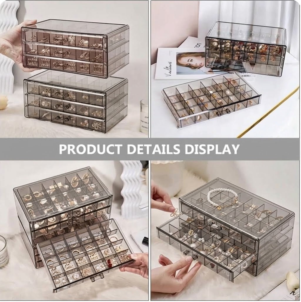 3-Drawer Clear Acrylic Jewelry Organizer Box – Multi-Grid Dustproof Storage Case for Earrings & Rings