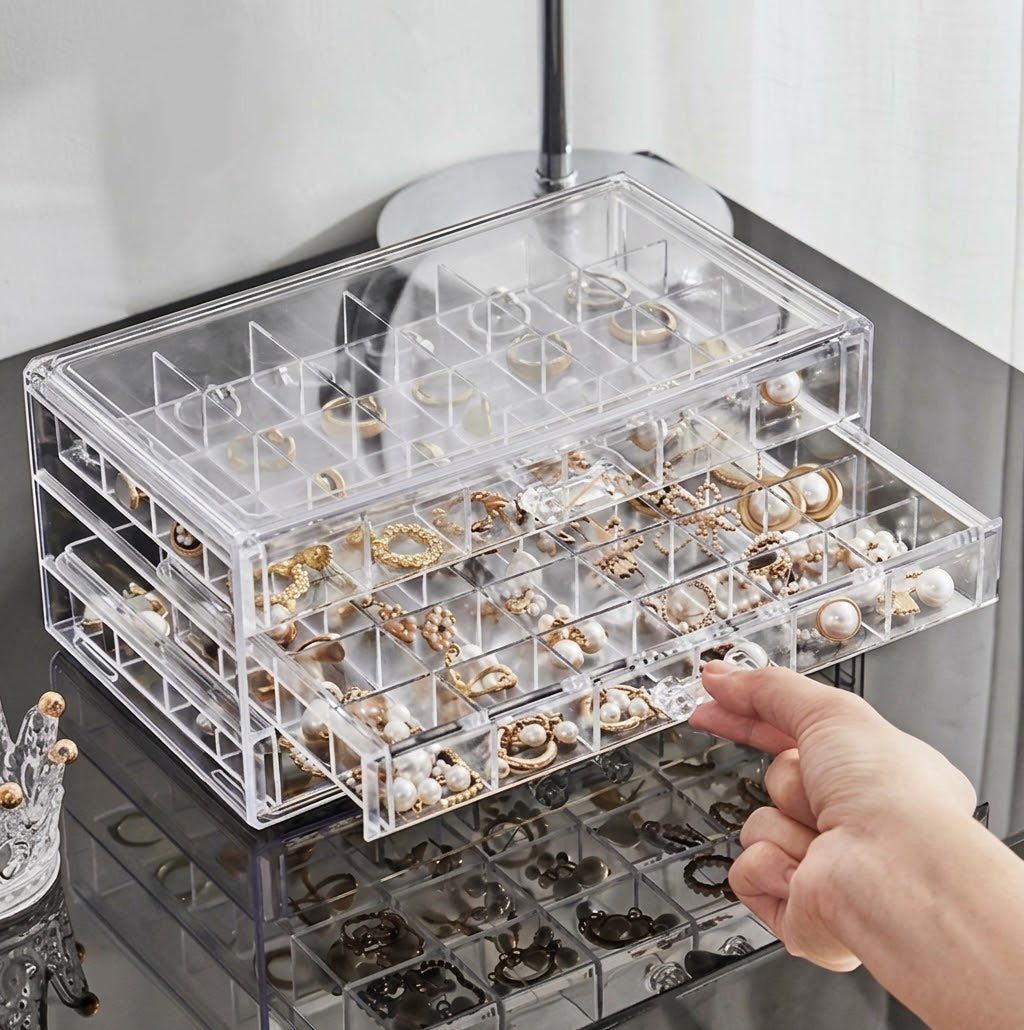 3-Drawer Clear Acrylic Jewelry Organizer Box – Multi-Grid Dustproof Storage Case for Earrings & Rings