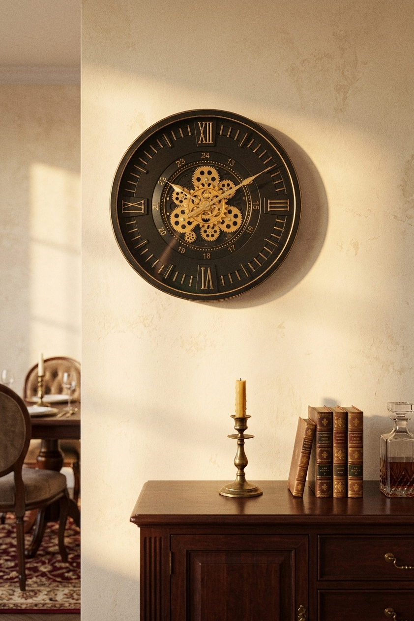 Black & Gold Luxury Gear Wall Clock – Roman Numeral Metal Decor-WC10