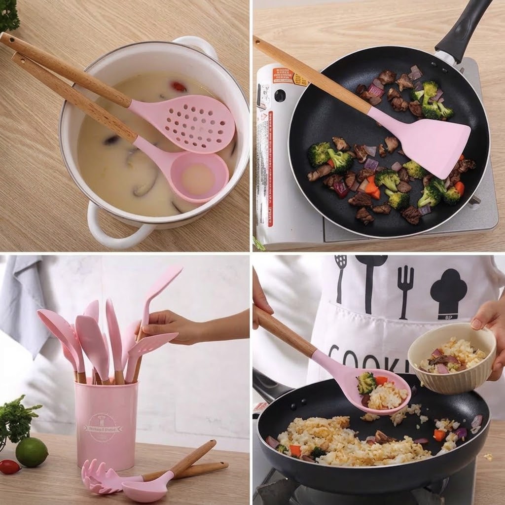 Premium Silicone Kitchen Utensil Set with Wooden Handles – Heat Resistant & Non-Stick Cooking Tools
