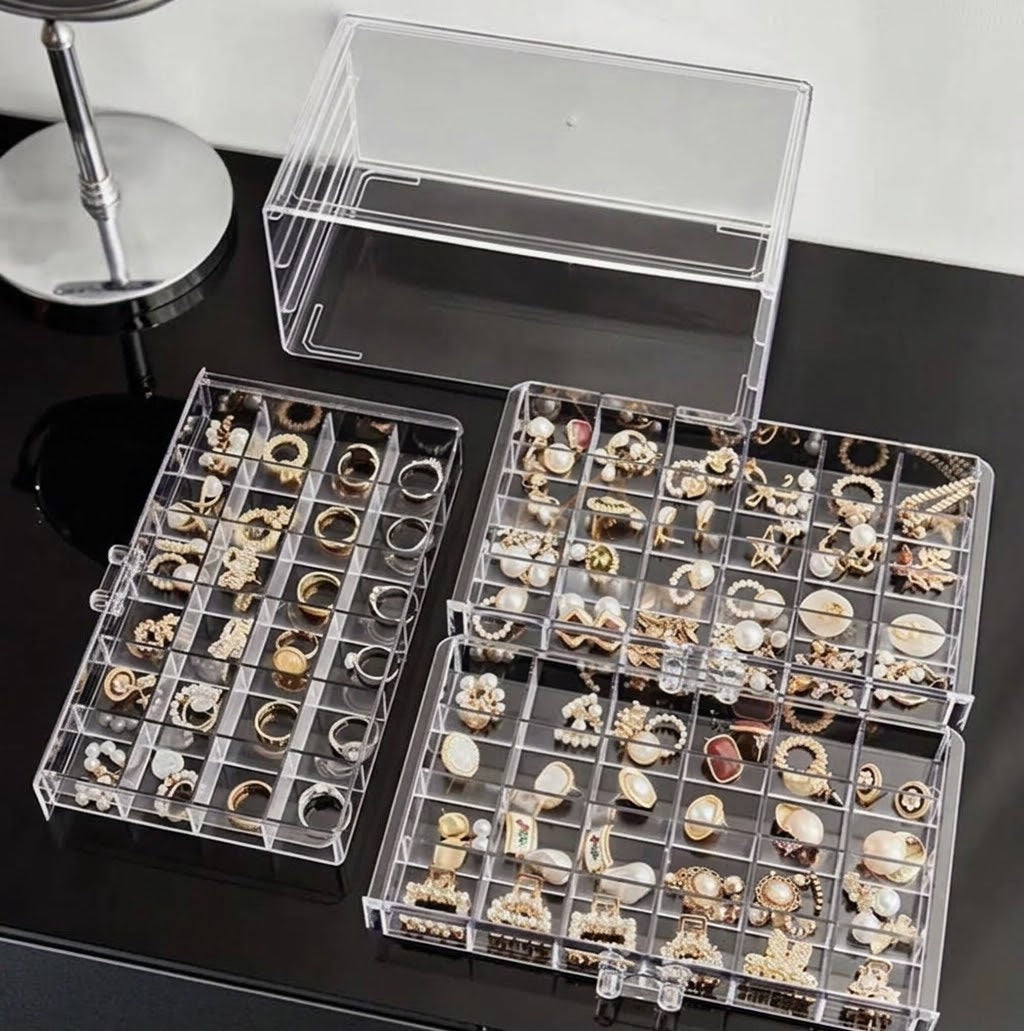 3-Drawer Clear Acrylic Jewelry Organizer Box – Multi-Grid Dustproof Storage Case for Earrings & Rings