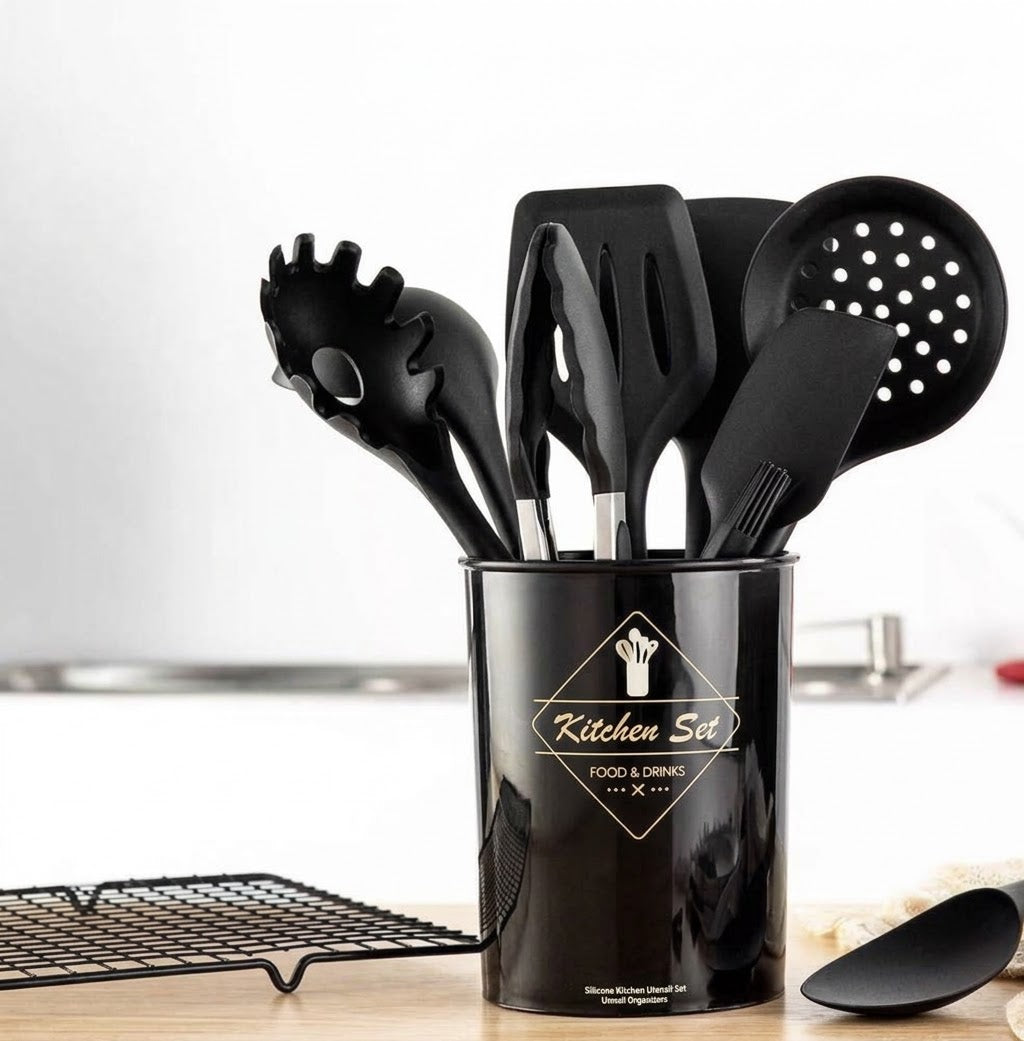 Premium Silicone Kitchen Utensil Set with Wooden Handles – Heat Resistant & Non-Stick Cooking Tools