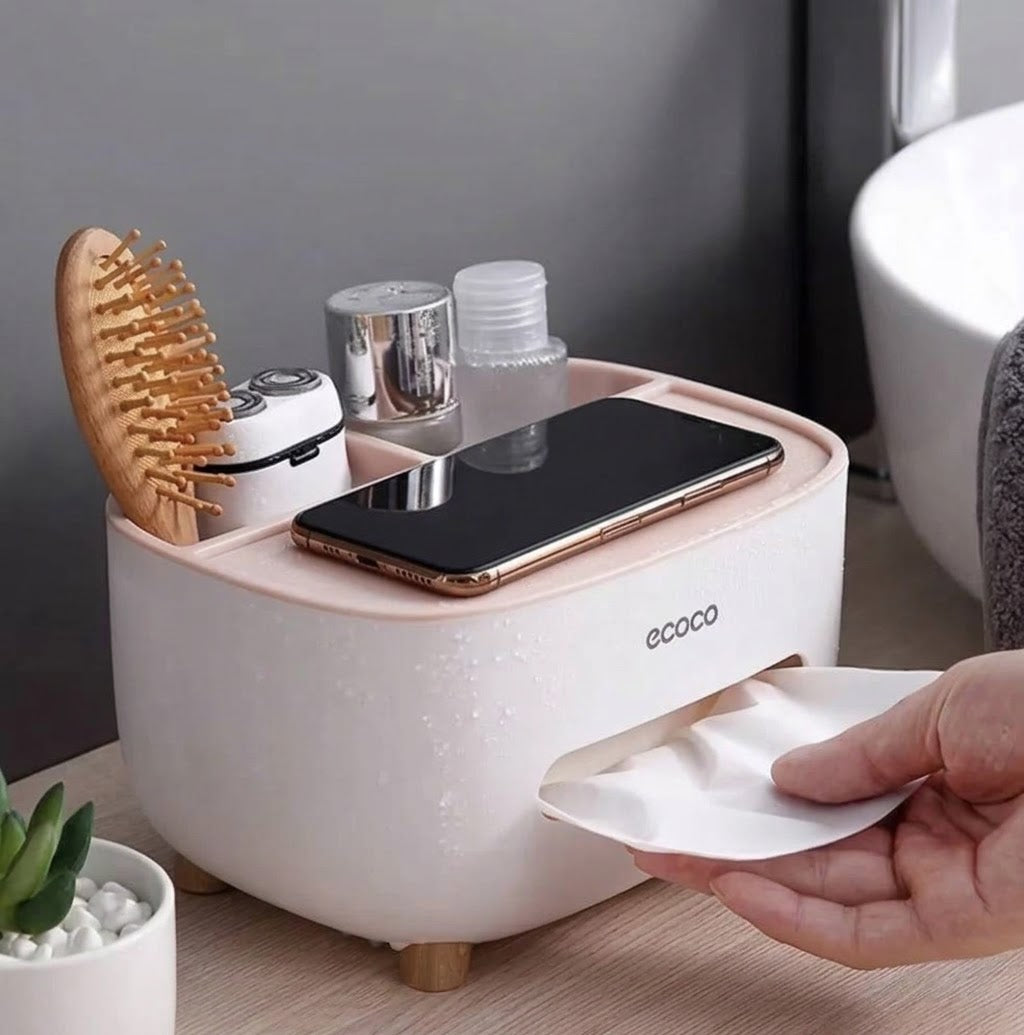 2-in-1 Tissue Box Holder & Desk Stationery Organizer – Office Desktop Storage Caddy