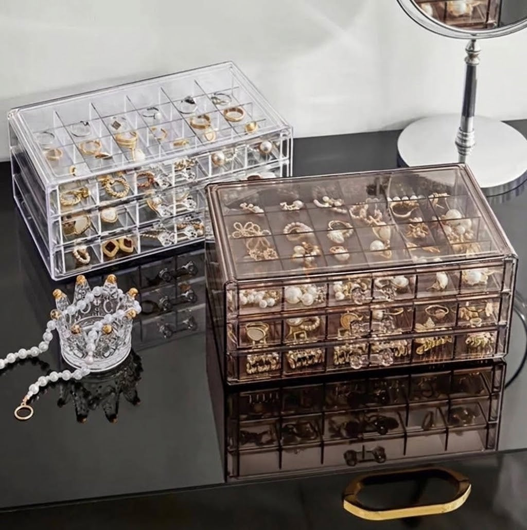 3-Drawer Clear Acrylic Jewelry Organizer Box – Multi-Grid Dustproof Storage Case for Earrings & Rings