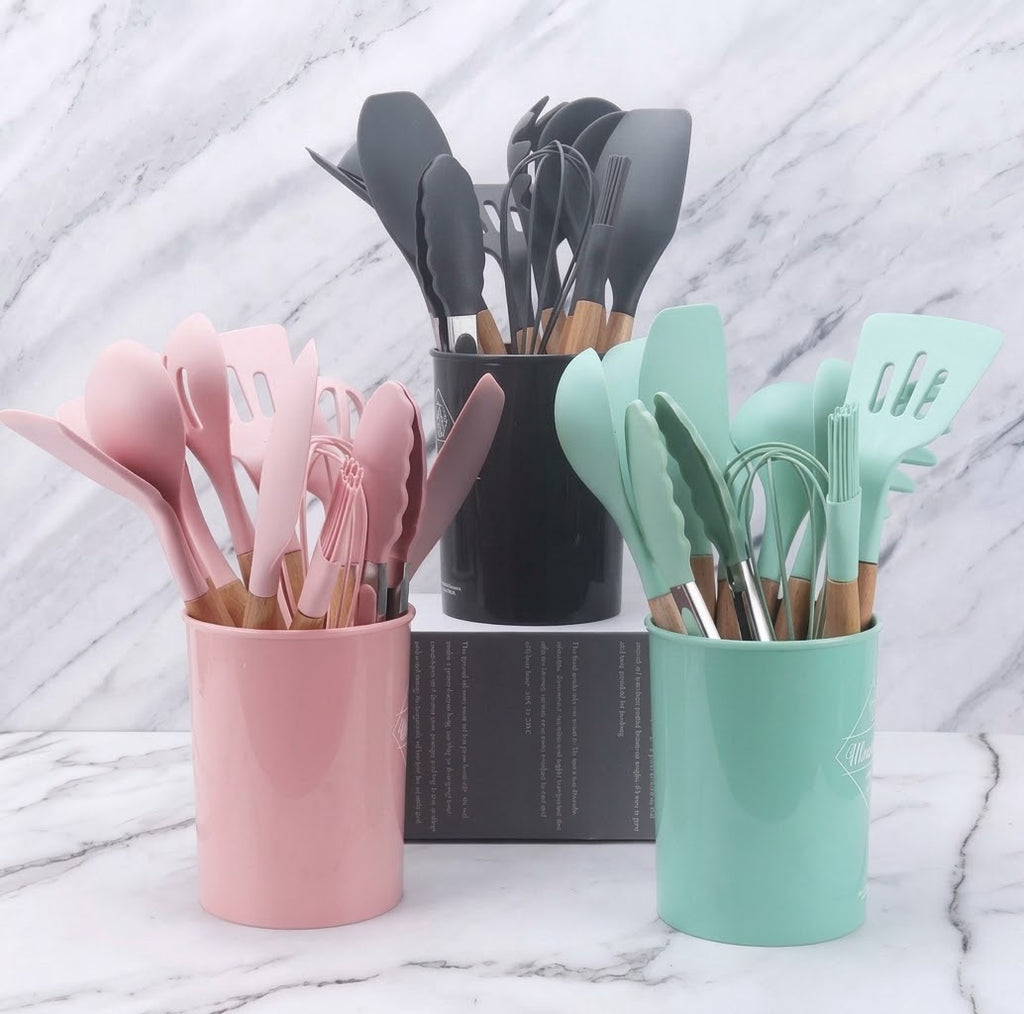 Premium Silicone Kitchen Utensil Set with Wooden Handles – Heat Resistant & Non-Stick Cooking Tools