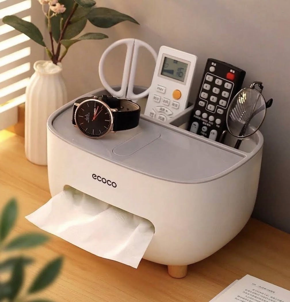 2-in-1 Tissue Box Holder & Desk Stationery Organizer – Office Desktop Storage Caddy