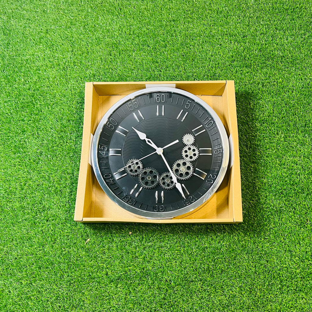 Modern Midnight Black Wall Clock with Chrome Moving Gears - 12" Industrial Gear Clock for Office & Home-WC4