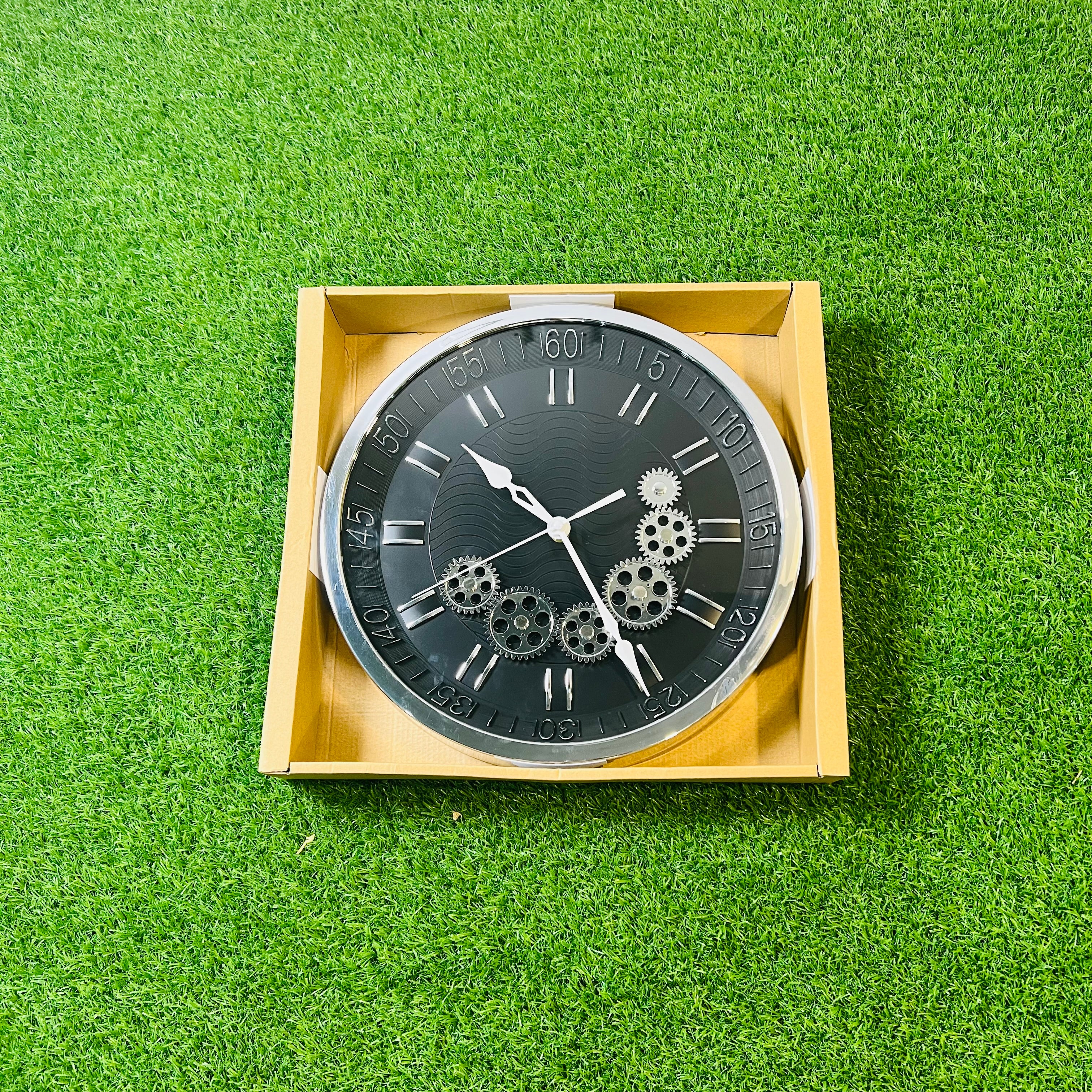 Modern Midnight Black Wall Clock with Chrome Moving Gears - 12" Industrial Gear Clock for Office & Home-WC4