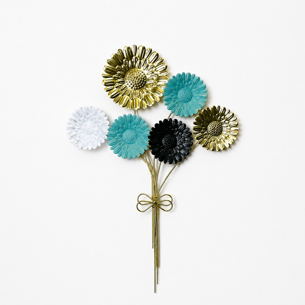 Elegant Metal Floral Wall Art – Modern Gold & Pastel Flower Decor Piece-WA56