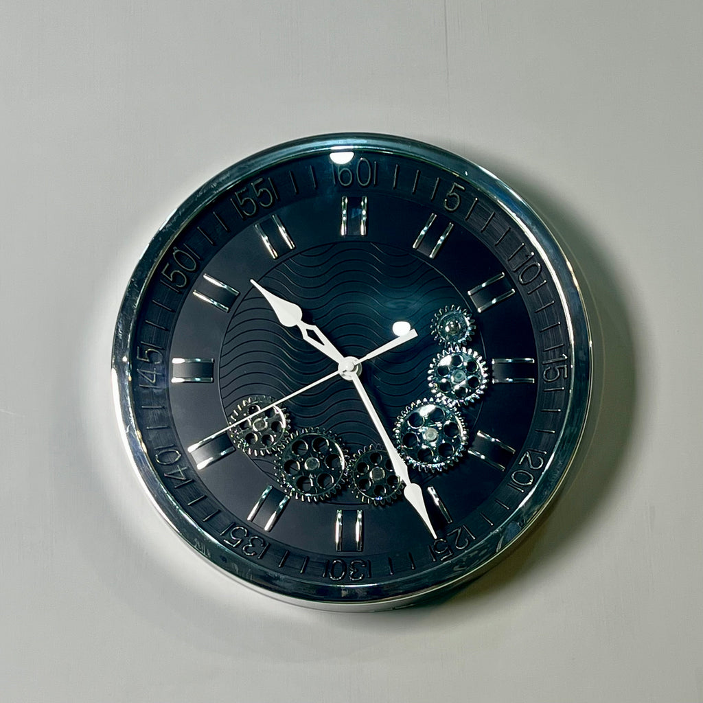 Modern Midnight Black Wall Clock with Chrome Moving Gears - 12" Industrial Gear Clock for Office & Home-WC4