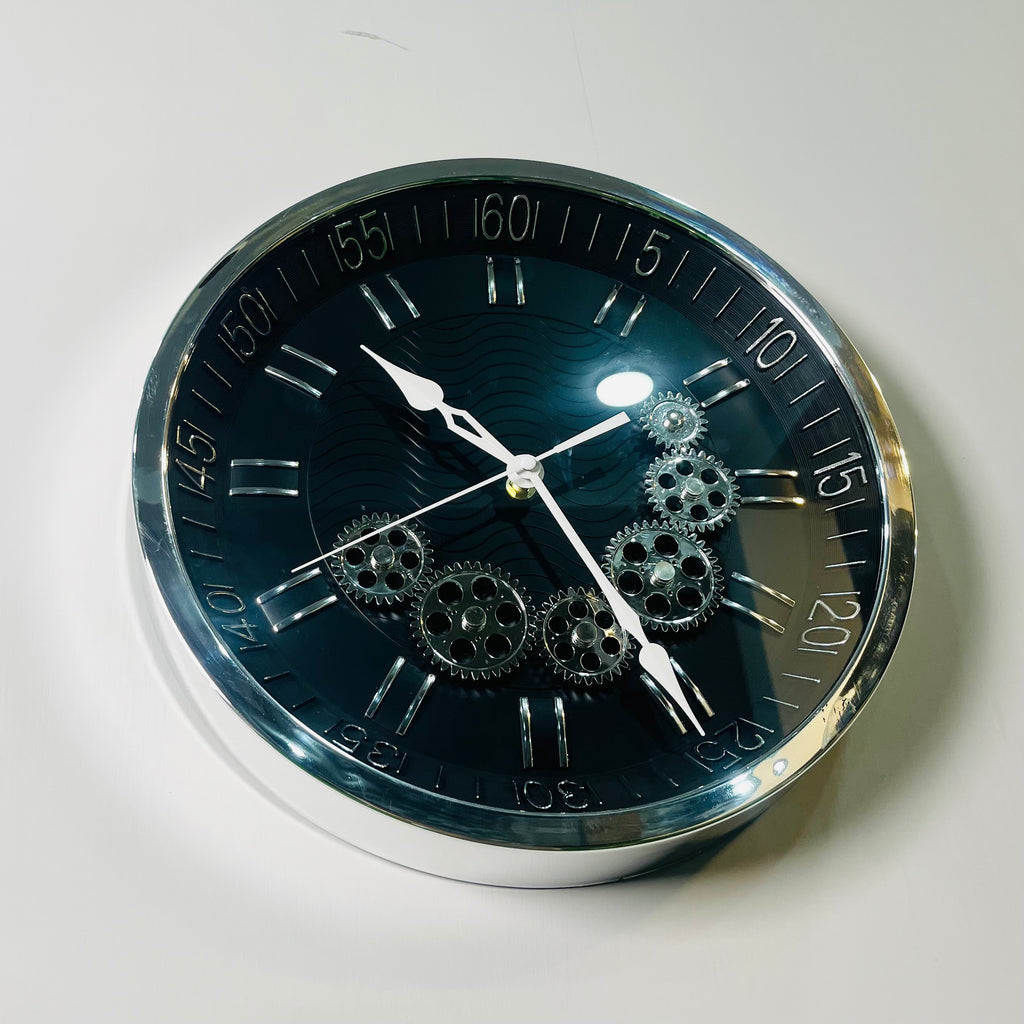 Modern Midnight Black Wall Clock with Chrome Moving Gears - 12" Industrial Gear Clock for Office & Home-WC4