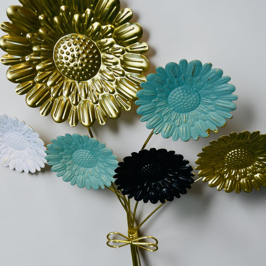 Elegant Metal Floral Wall Art – Modern Gold & Pastel Flower Decor Piece-WA56