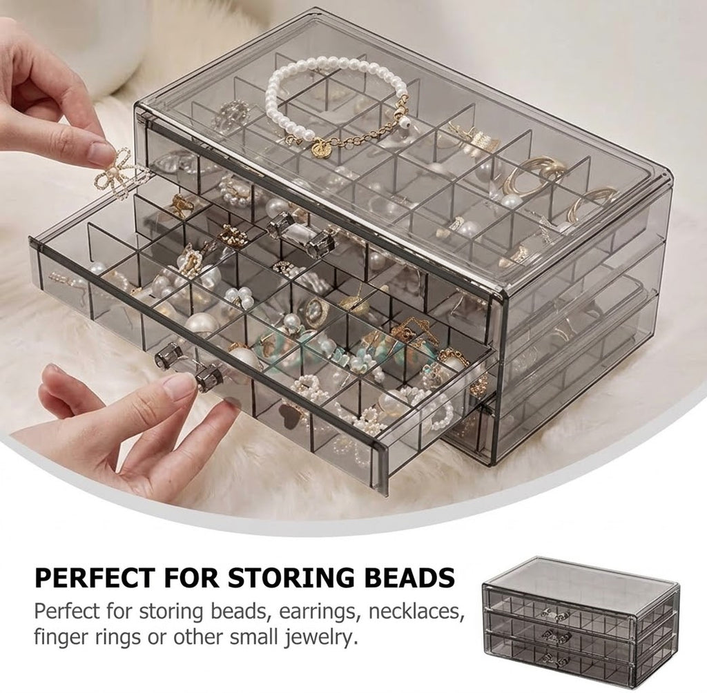 3-Drawer Clear Acrylic Jewelry Organizer Box – Multi-Grid Dustproof Storage Case for Earrings & Rings