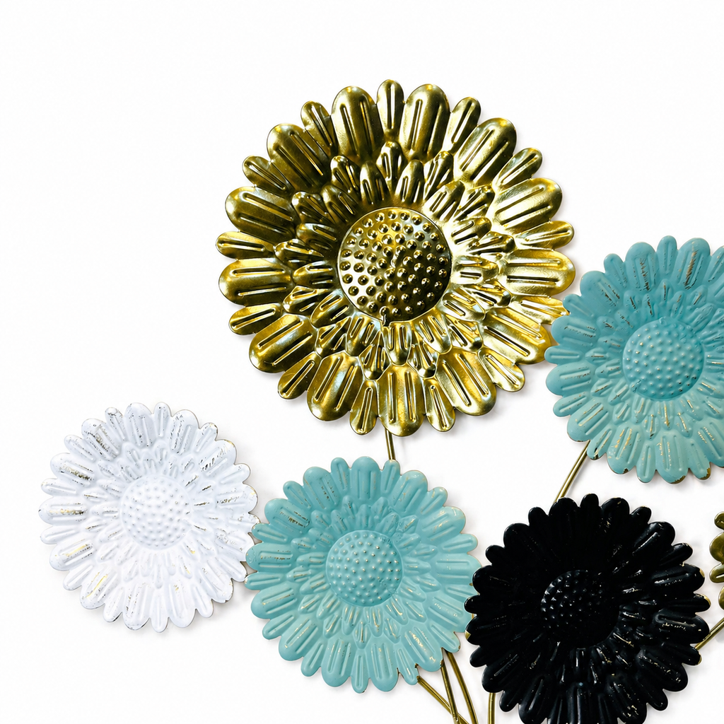 Elegant Metal Floral Wall Art – Modern Gold & Pastel Flower Decor Piece-WA56