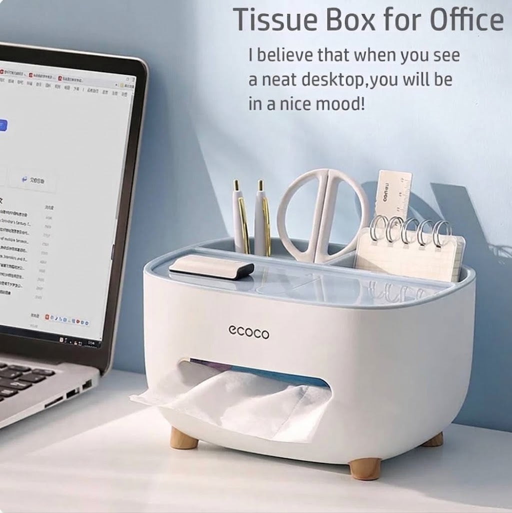 2-in-1 Tissue Box Holder & Desk Stationery Organizer – Office Desktop Storage Caddy