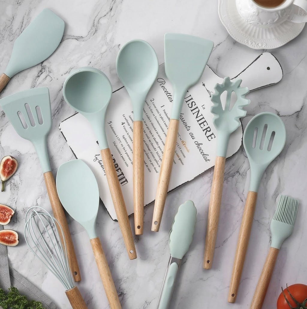 Premium Silicone Kitchen Utensil Set with Wooden Handles – Heat Resistant & Non-Stick Cooking Tools