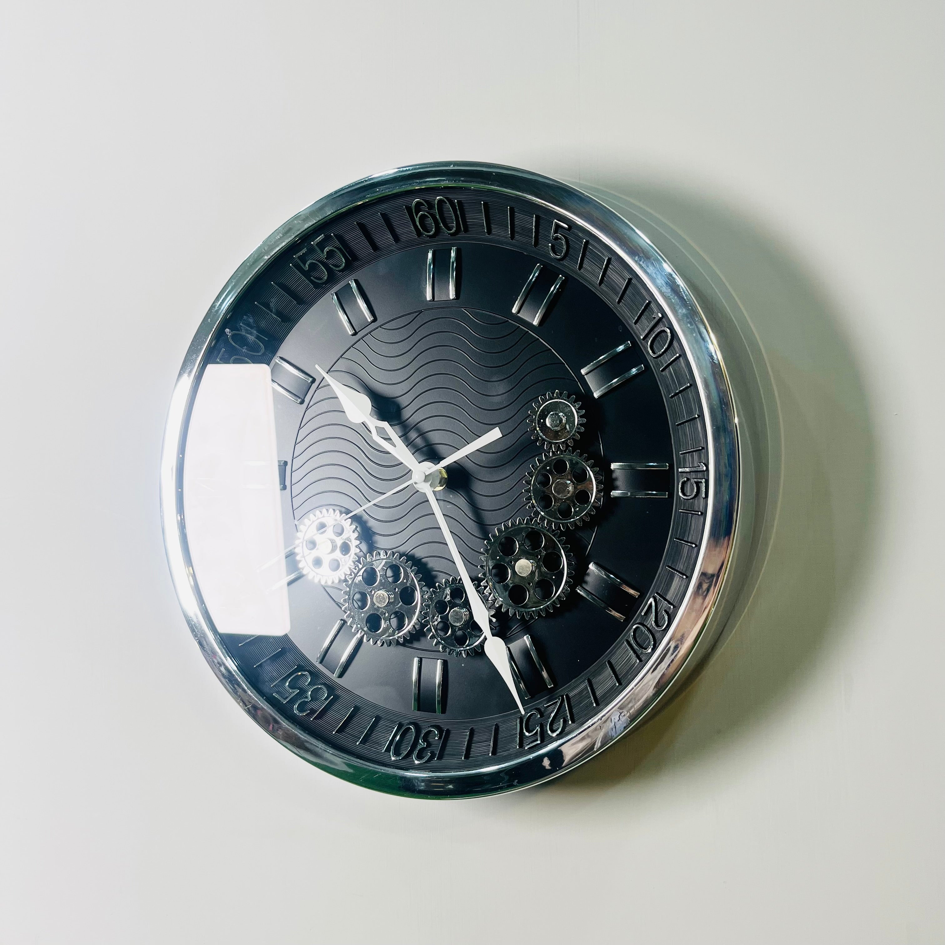 Modern Midnight Black Wall Clock with Chrome Moving Gears - 12" Industrial Gear Clock for Office & Home-WC4
