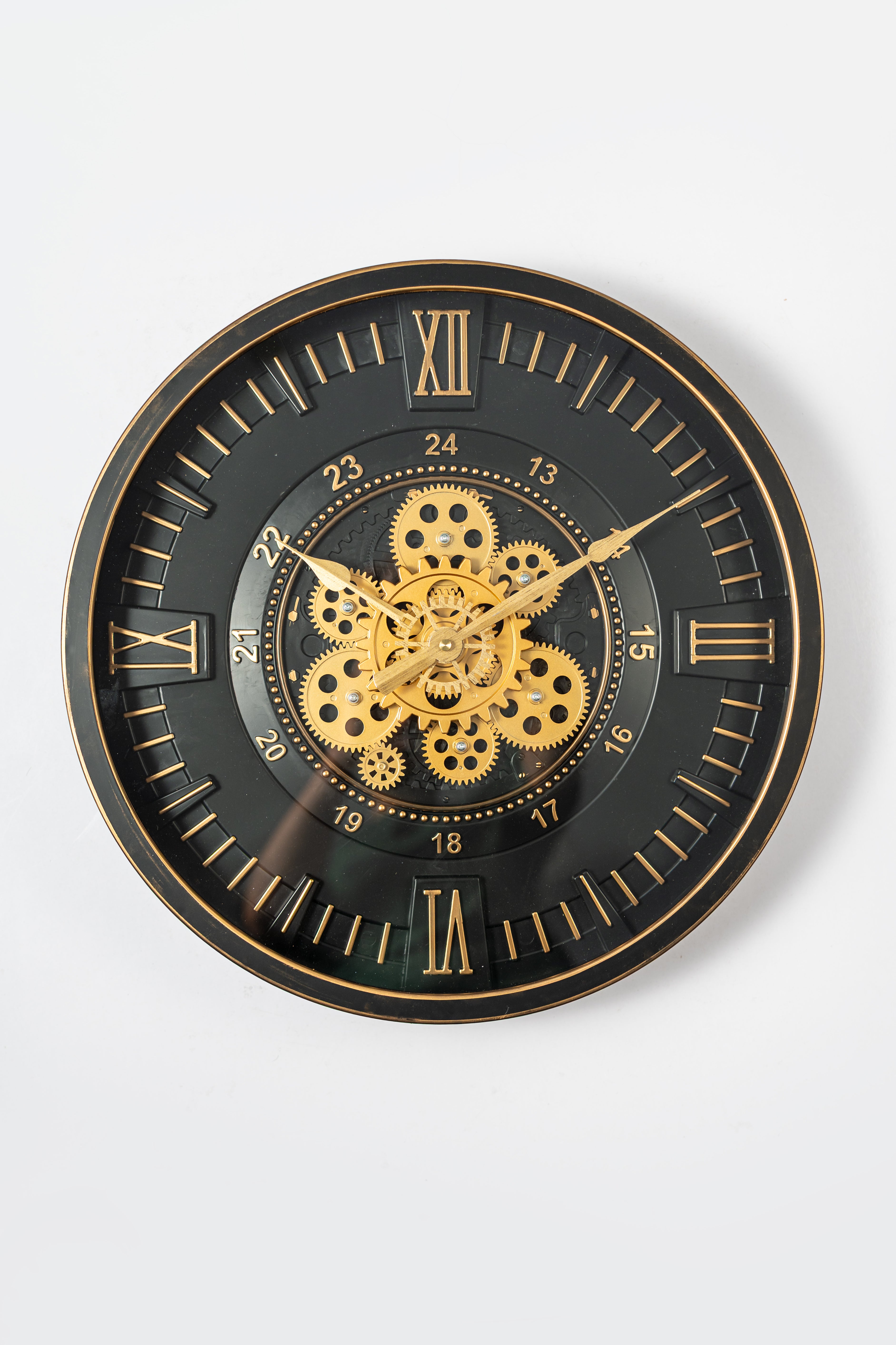 Black & Gold Luxury Gear Wall Clock – Roman Numeral Metal Decor-WC10