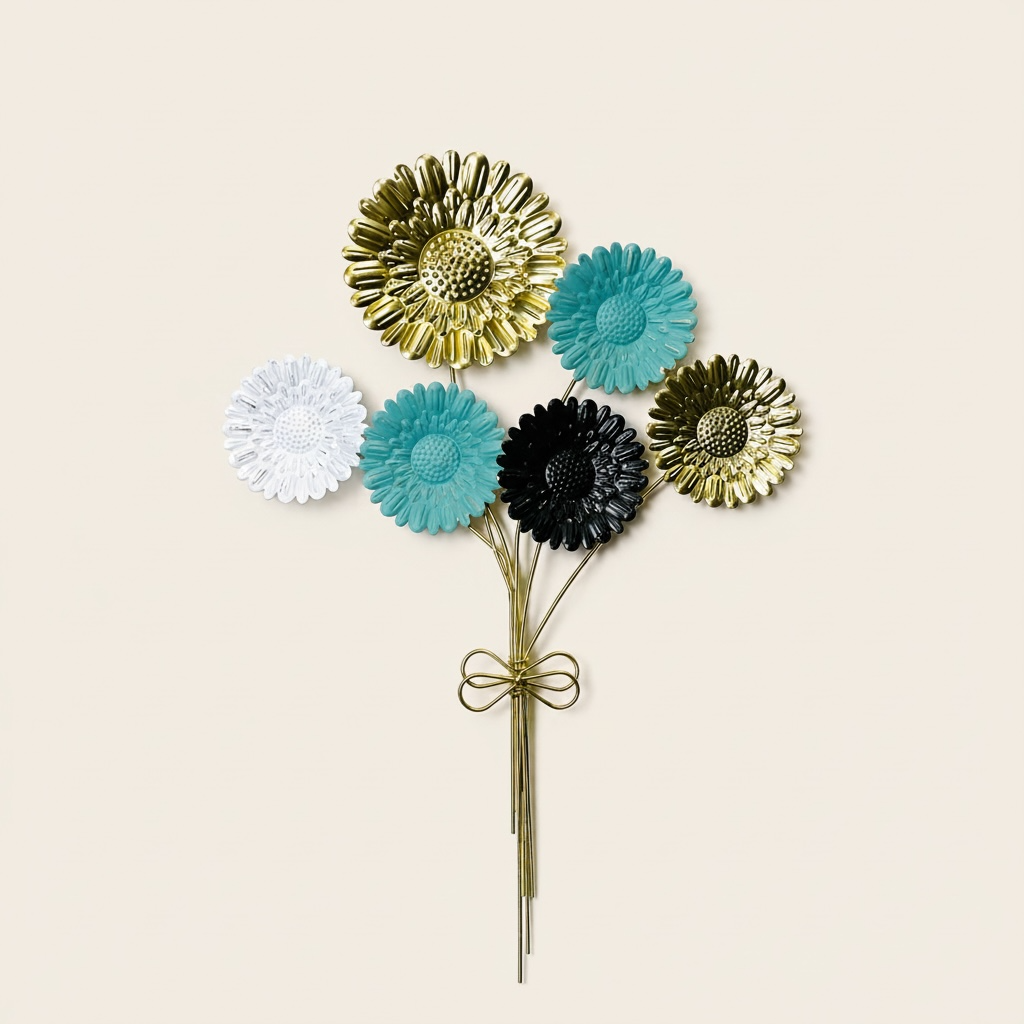 Elegant Metal Floral Wall Art – Modern Gold & Pastel Flower Decor Piece-WA56