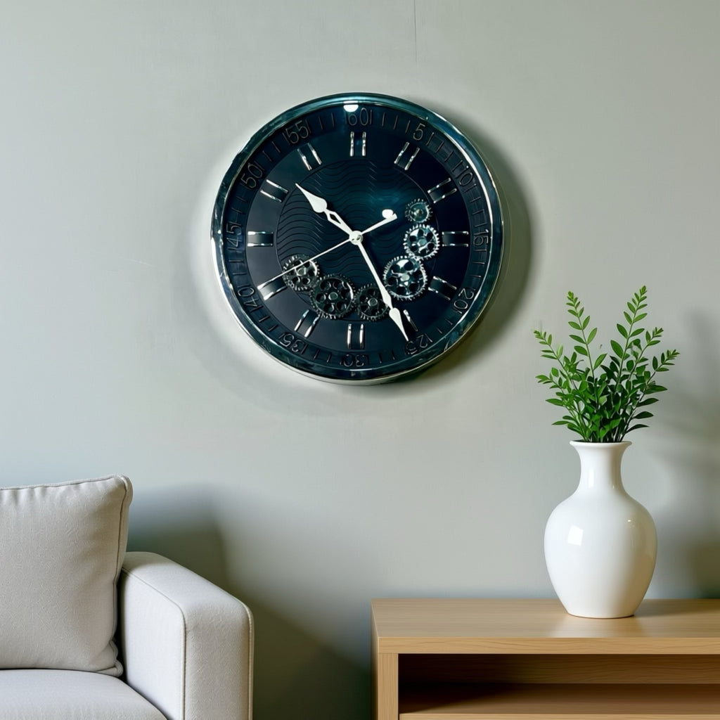 Modern Midnight Black Wall Clock with Chrome Moving Gears - 12" Industrial Gear Clock for Office & Home-WC4
