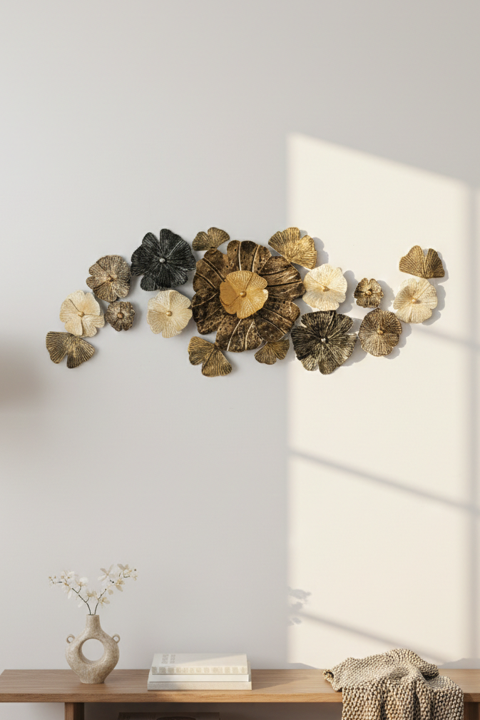 Metal Floral Wall Art – Gold & Black (60" x 23")-WA50
